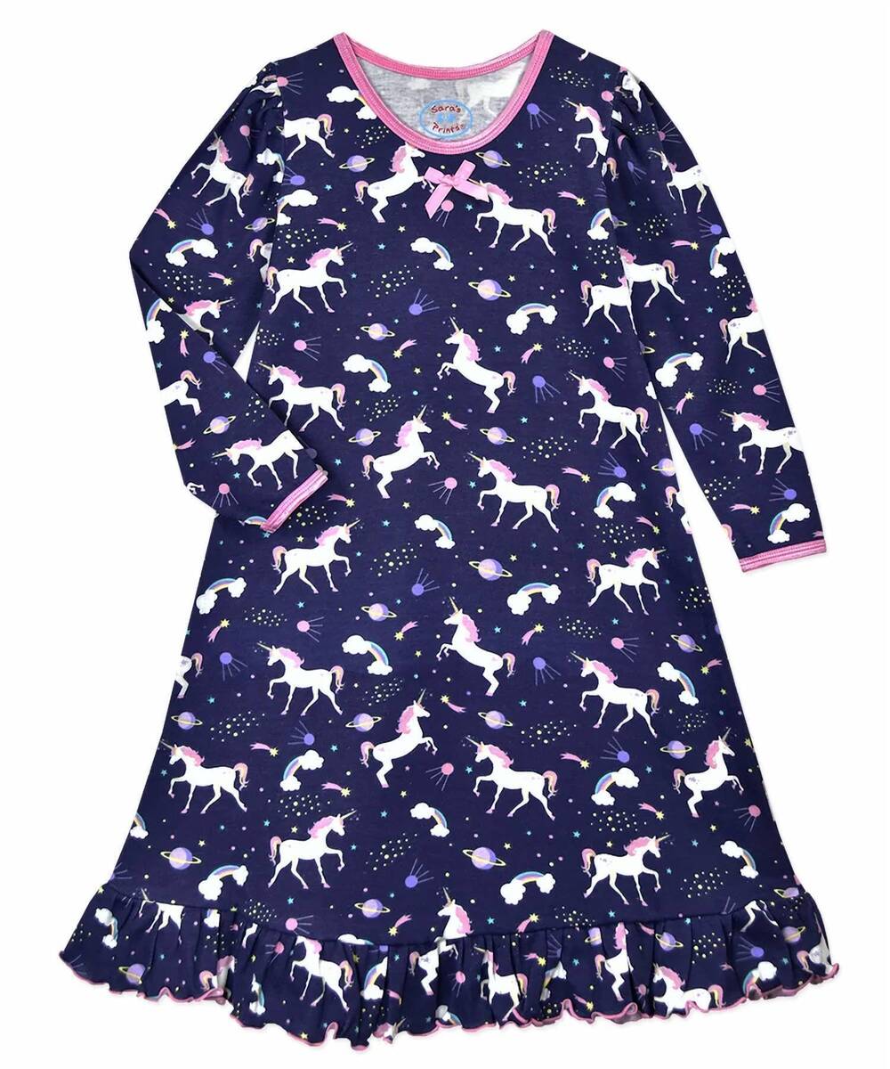 NEW SARA'S PRINTS girl's unicorn dreams long sleeve gown in navy